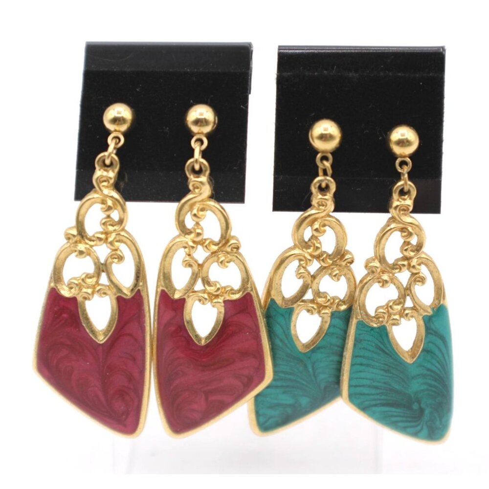 Set 2 Drop Earrings Burgundy Green Swirl Enamel Filigree Design Pierced Ears Vtg